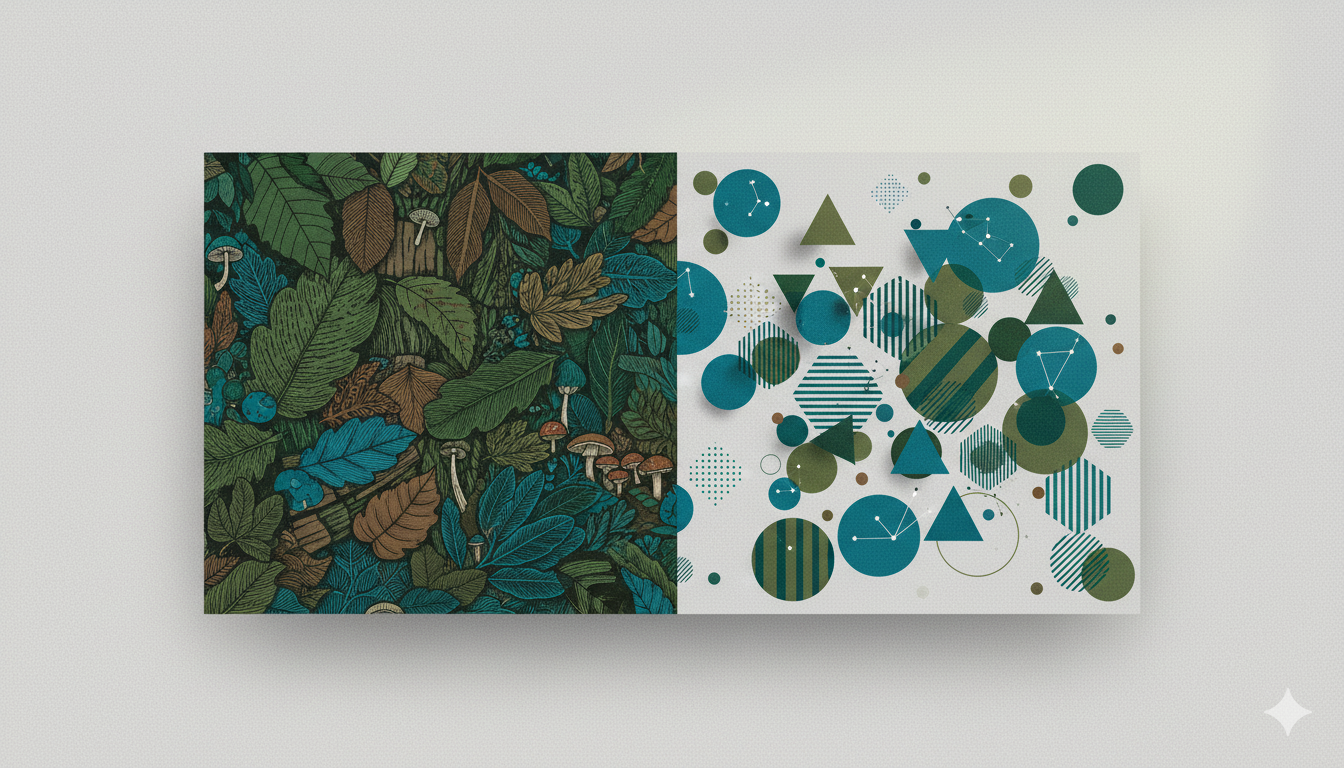 Split scene showing macro forest detail vs abstract constellations representing sensing vs intuition