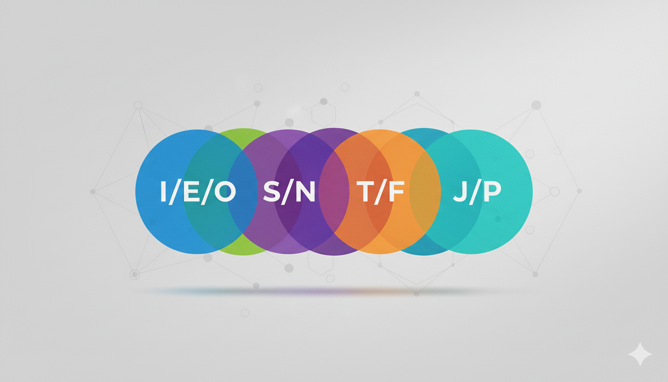 Four overlapping circles in a Venn diagram style representing personality dimensions (I/E/O, S/N, T/F, J/P) with vibrant accent colors