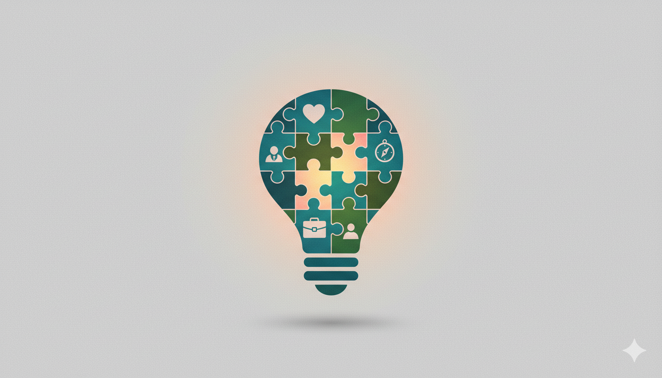 Lightbulb made of interconnected puzzle pieces showing different life contexts like heart for love, briefcase for career, and compass for guidance