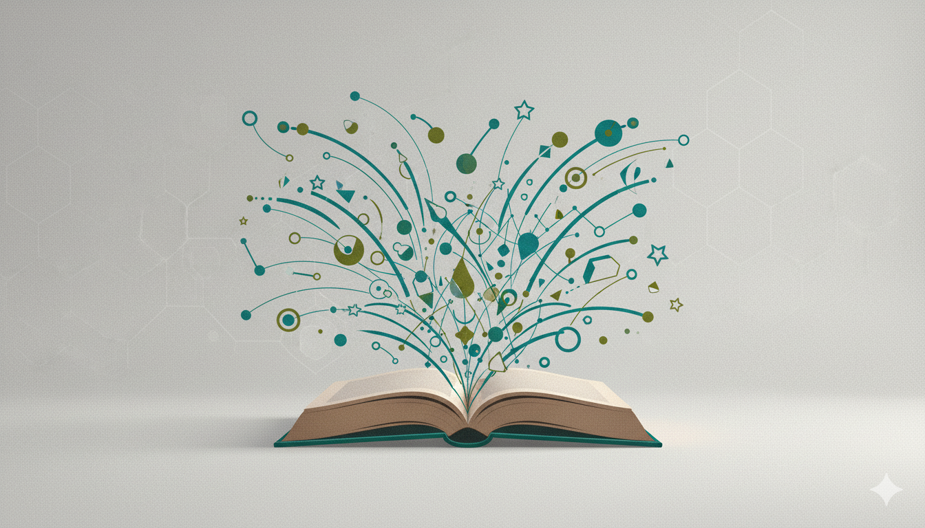 Minimalist illustration showing an open book transforming into a constellation map with clean lines and soft blues and teals